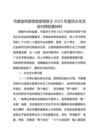 市委宣传部党组领导班子2025年度民主生活会对照检查材料