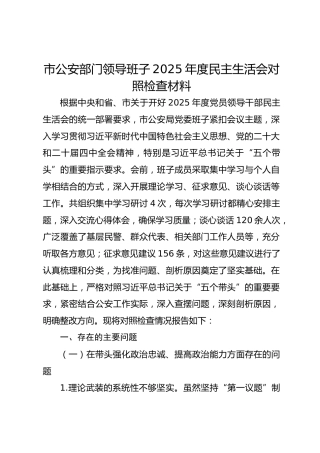 市公安部门领导班子2025年度民主生活会对照检查材料