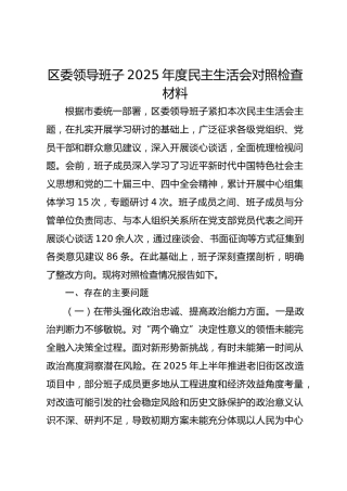 区领导班子2025年度民主生活会对照检查材料