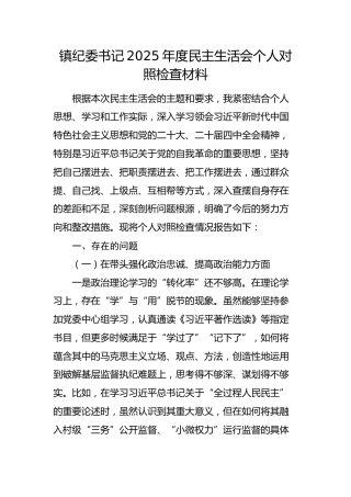 镇纪委书记2025年度民主生活会个人对照检查