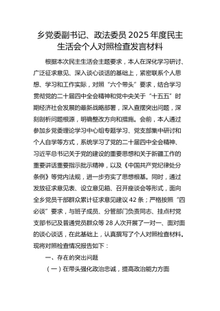 乡镇副书记、政法委员2025年度民主生活会对照检查（新疆，含民族共同体、典型案例剖析）