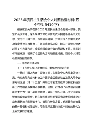 2025年度民主生活会个人对照检查材料(五个带头 5410字)