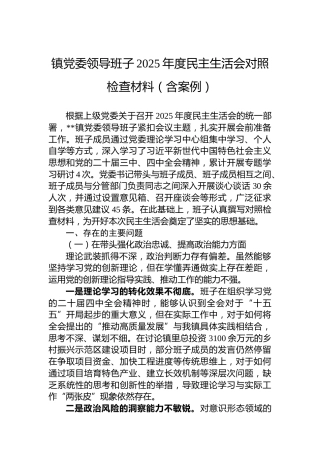镇党委领导班子2025年度民主生活会对照检查材料（含案例）