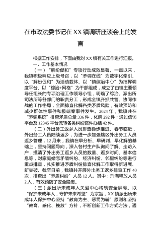 在市政法委书记在XX镇调研座谈会上的发言