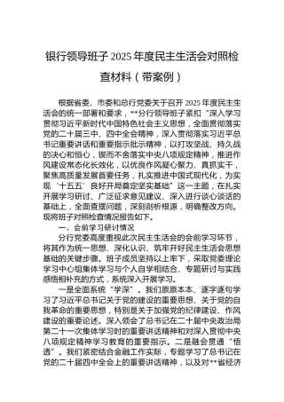 银行领导班子2025年度民主生活会对照检查材料（带案例）