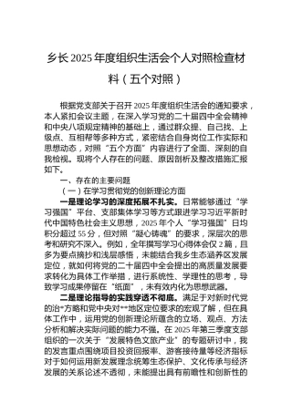 乡长2025年度组织生活会个人对照检查材料（五个对照）