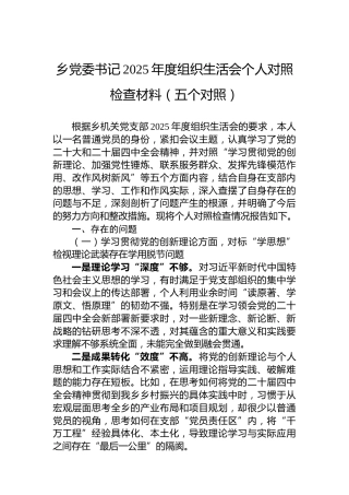 乡党委书记2025年度组织生活会个人对照检查材料（五个对照）