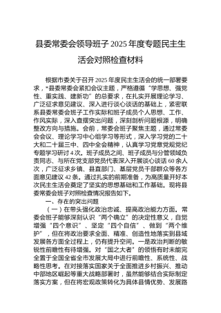 县委常委会领导班子2025年度专题民主生活会对照检查材料