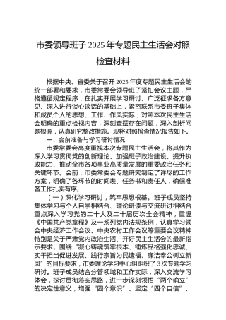市委领导班子2025年专题民主生活会对照检查材料