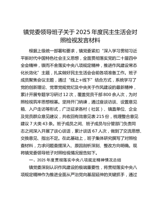 镇党委领导班子关于2025年度民主生活会对照检视发言材料（贯彻落实中央八项规定精神情况总结+五个带头+典型案例剖析）