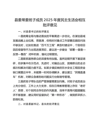 县委常委班子成员2025年度民主生活会相互批评意见