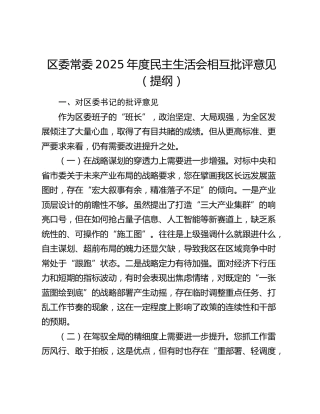 区委常委2025年度民主生活会相互批评意见（提纲）