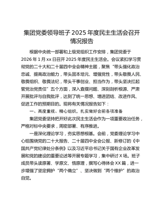 集团党委领导班子2025年度民主生活会召开情况报告