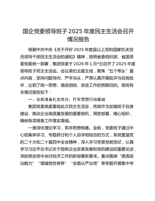国企党委领导班子2025年度民主生活会召开情况报告
