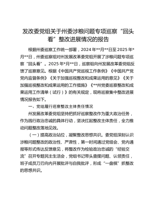 发改委党组关于州委涉粮问题专项巡察“回头看”整改进展情况的报告