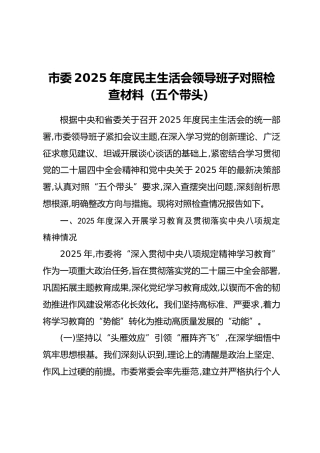 市委2025年度民主生活会领导班子对照检查材料（五个带头）