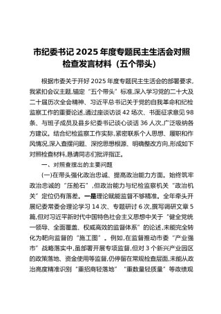 市纪委书记2025年度专题民主生活会对照检查发言材料（五个带头）