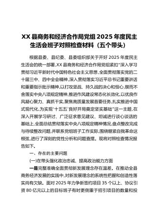 XX县商务和经济合作局党组2025年度民主生活会班子对照检查材料（五个带头）