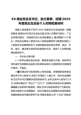 XX煤业党总支书记、执行董事、经理2025年度民主生活会个人对照检查材料