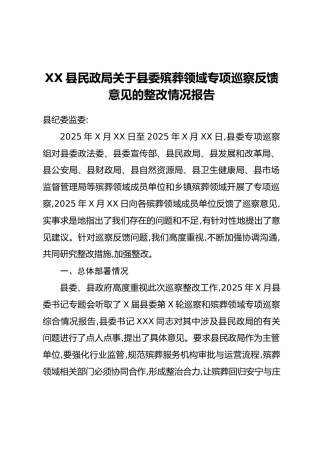 XX县民政局关于县委殡葬领域专项巡察反馈意见的整改情况报告