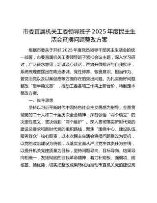 市委直属机关工委领导班子2025年度民主生活会查摆问题整改方案