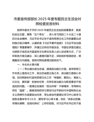 市委宣传部部长2025年度专题民主生活会对照检查发言材料（五个带头）