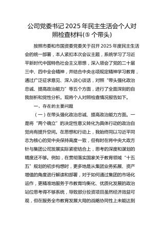 国企党委书记2025年民主生活会个人对照检查材料2