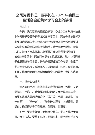 国企2025年度民主生活会会前集体学习会上的讲话