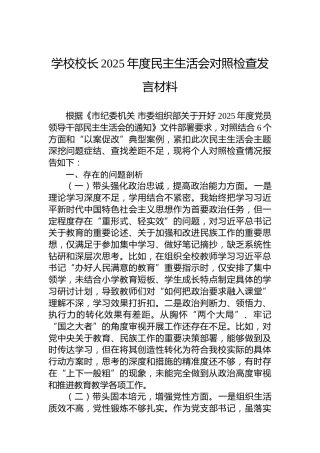 学校校长2025年度民主生活会对照检查发言材料