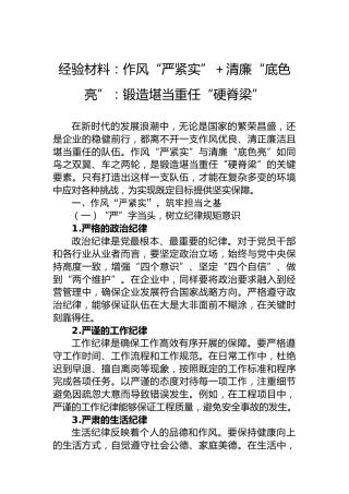 经验材料：作风“严紧实”＋清廉“底色亮”：锻造堪当重任“硬脊梁”