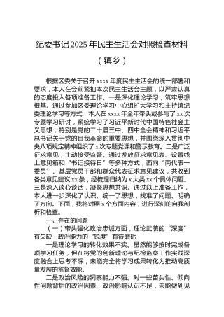 纪委书记2025年民主生活会对照检查材料（镇乡）