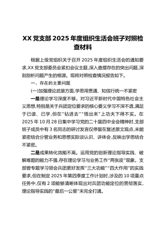 XX党支部2025年度组织生活会班子对照检查材料（2）