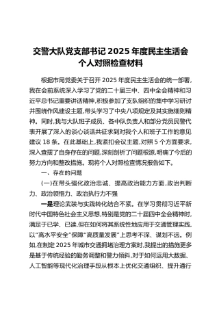 交警大队党支部书记2025年度民主生活会个人对照检查材料