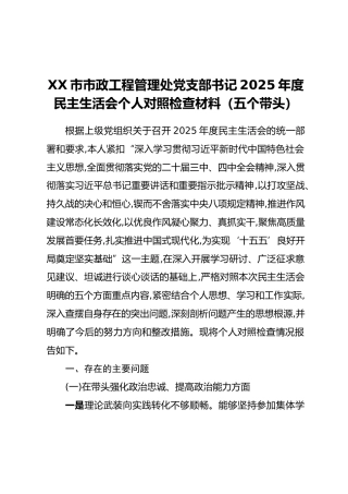XX市市政工程管理处党支部书记2025年度民主生活会个人对照检查材料（五个带头）