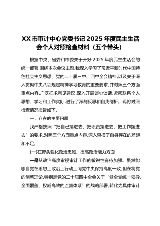 XX市审计中心党委书记2025年度民主生活会个人对照检查材料（五个带头）