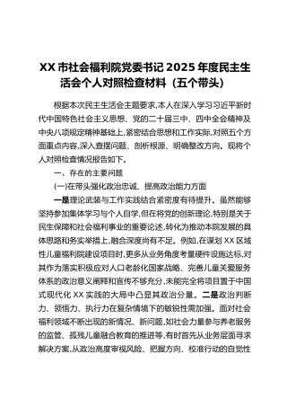 XX市社会福利院党委书记2025年度民主生活会个人对照检查材料（五个带头）