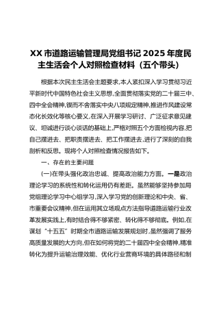 XX市道路运输管理局党组书记2025年度民主生活会个人对照检查材料（五个带头）