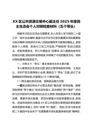 XX区公共资源交易中心副主任2025年度民主生活会个人对照检查材料（五个带头）