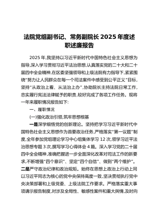 法院党组副书记、常务副院长2025年度述职述廉报告