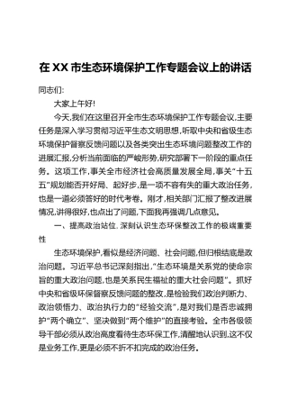 在XX市生态环境保护工作专题会议上的讲话