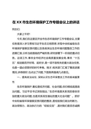 在XX市生态环境保护工作专题会议上的讲话 (2)