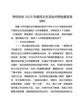 学校校长2025年度民主生活会对照检查发言材料（六个带头）