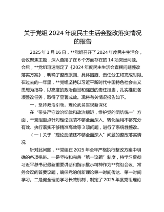 关于党组2024年度民主生活会整改落实情况的报告