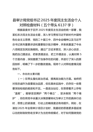 县审计局党组书记2025年度民主生活会个人对照检查材料（五个带头  6137字）
