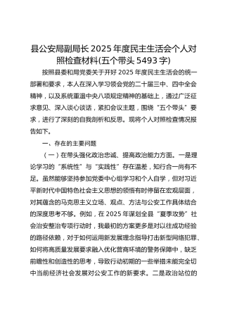 县公安局副局长2025年度民主生活会个人对照检查材料(五个带头5493字)