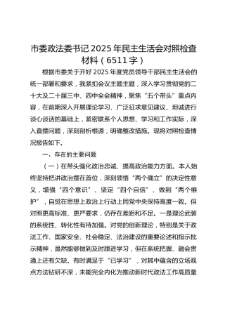 市委政法委书记2025年民主生活会对照检查材料（6511字）