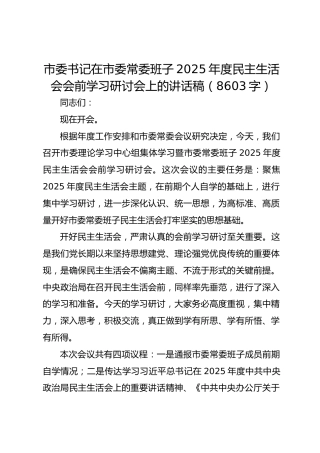 市委书记在市委常委班子2025年度民主生活会会前学习研讨会上的讲话稿（8603字）