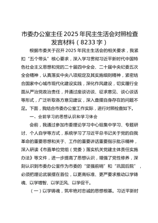 市委办公室主任2025年民主生活会对照检查发言材料（8233字）