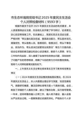 市生态环境局党组书记2025年度民主生活会个人对照检查材料（9593字）
