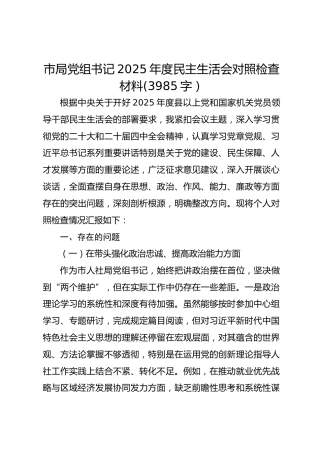 市局党组书记2025年度民主生活会对照检查材料(3985字）